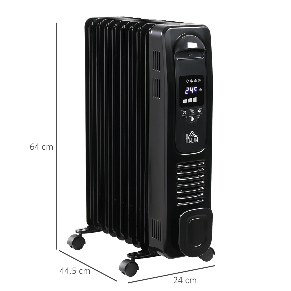 HOMCOM 2000W Digital Oil Filled Radiator, 9 Fin, Portable Electric Heater with LED Display, 24-Hour Timer, 3 Heat Settings, Safety Cut-Off and Remote Control, Black