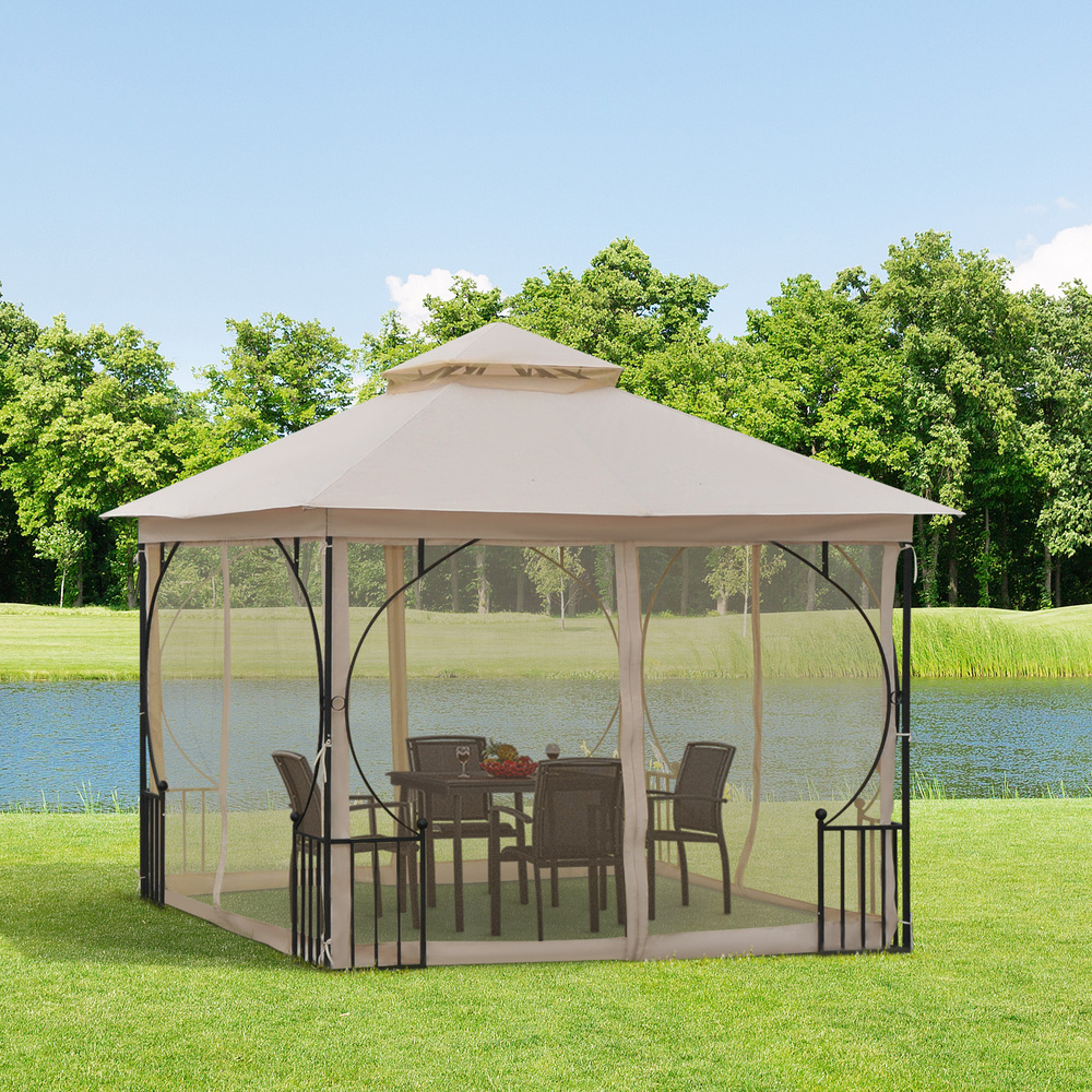Outsunny 3 x 3(m) Garden Gazebo Patio Party Tent Shelter Outdoor Canopy Double Tier Sun Shade Metal Frame Netting, Beige