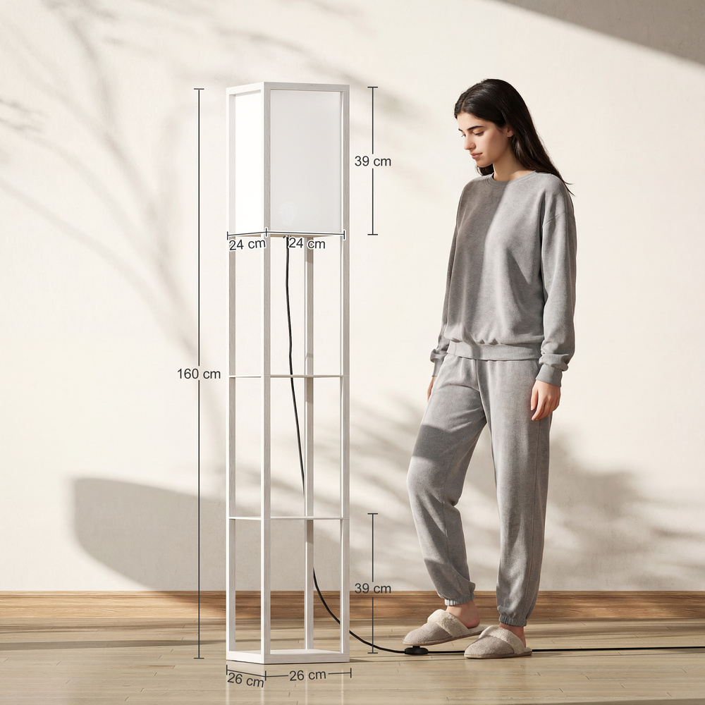 HOMCOM 3-Tier Floor Lamp, Floor Light with Storage Shelf, Reading Standing Lamp with Acrylic Shade for Living Room, Bedroom, Kitchen, Dining Room, Office, Dorm, 160cm, White