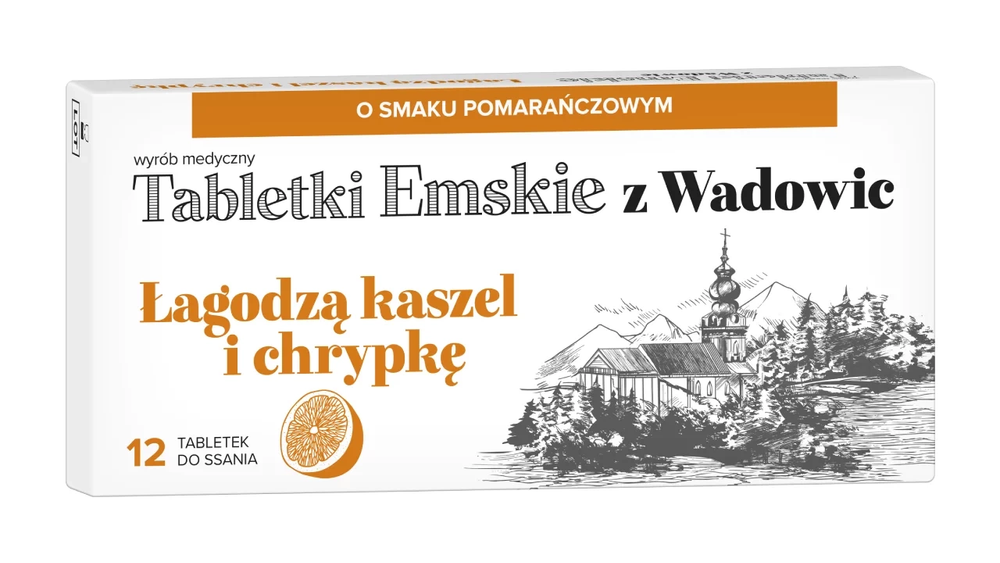 Polski Lek Tabletki Emskie z Wadowic Smak Pomarańczowy na Kaszel i Chrypkę 12 Tabletek