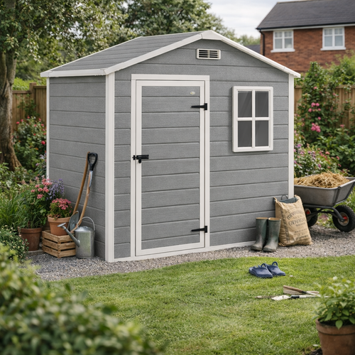 Outsunny 6 x 4ft Plastic Shed with Floor, Wood Effect Resin Garden Shed with Window, Lockable Door, Lock and Keys, Vents, All Weather Resistant for Outdoor, Patio, Lawn, Grey
