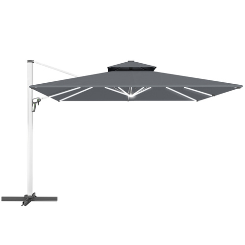 Outsunny 3(m) Garden Cantilever Parasol with Solar LED Lights, Cross Base, 360° Rotation, Crank Handle and Tilt, Grey