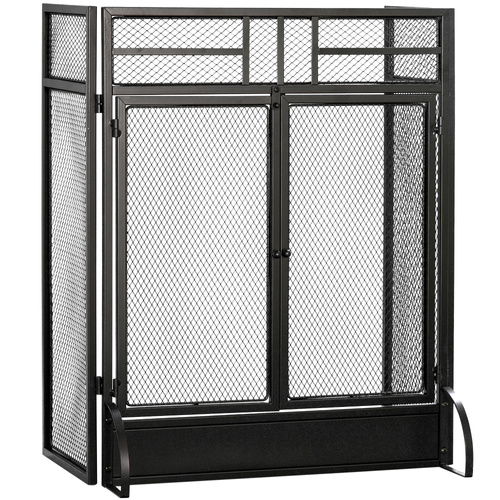HOMCOM 3-Panel Folding Fireplace Screen with Door, Freestanding Spark Guard, Metal Mesh Fireguard, Black