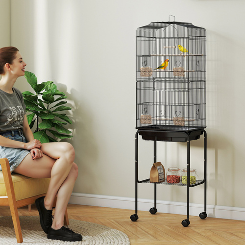 PawHut Bird Cage Budgie Cages for Finch Canary Parakeet with Stand Wheels Slide-out Tray Accessories Storage Shelf, Black 46.5 x 36 x 157 cm