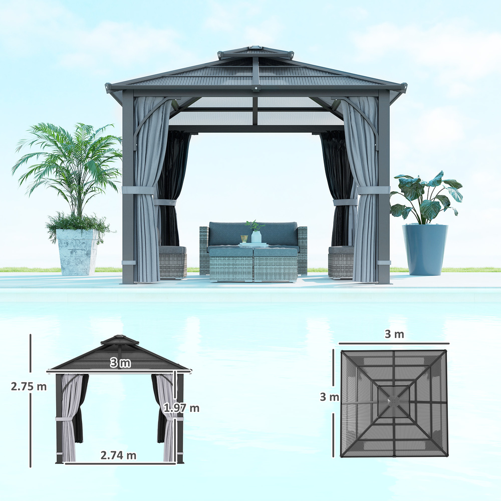 Outsunny 3 x 3(m) Hardtop Gazebo Canopy with 7mm Polycarbonate Double-Tier Roof, Garden Gazebo Permanent Pavilion with Mosquito Netting and Curtains for Patio, Deck, Dark Grey