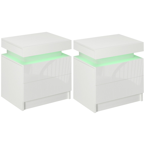 HOMCOM Set of 2 White Bedside Tables with LED Lights, High Gloss Front Nightstands with 4 Drawers