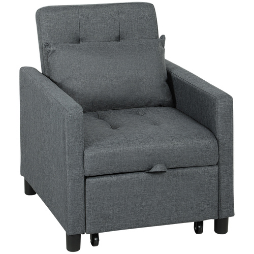 HOMCOM 3-In-1 Chair Bed, Convertible Sleeper Chair with Adjustable Backrest, Pillow and Footrest for Living Room, Dark Grey