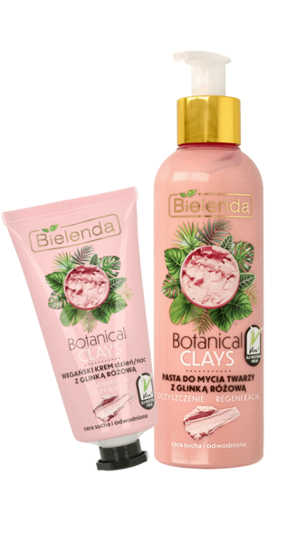 Bielenda Botanical Clays Wegańska Pasta Do Mycia Twarzy Z Glinką Różową 190ml + Bielenda Botanical Clays Wegański Krem Dzień/Noc z Glinką różową 50ml