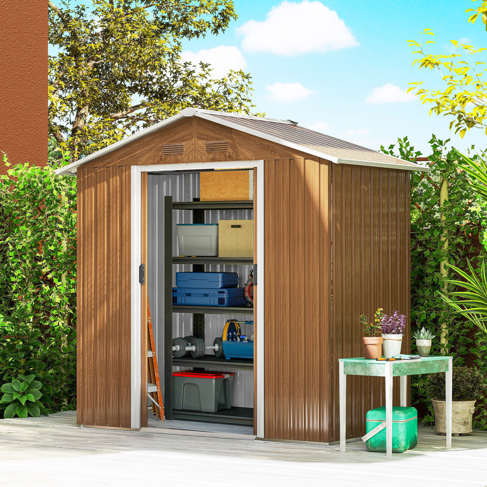 Outsunny 6.5 x 3.5ft Metal Garden Storage Shed - Brown Wood Effect