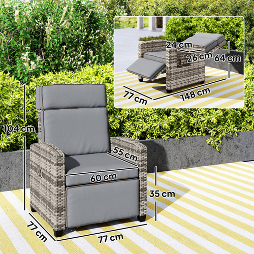 Outsunny 145° Reclining Rattan Armchair, with Footrest - Mixed Grey/Grey