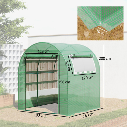 Outsunny Walk in Polytunnel Greenhouse, Green House for Garden with Roll-up Window and Door, 1.8 x 1.8 x 2 m, Green