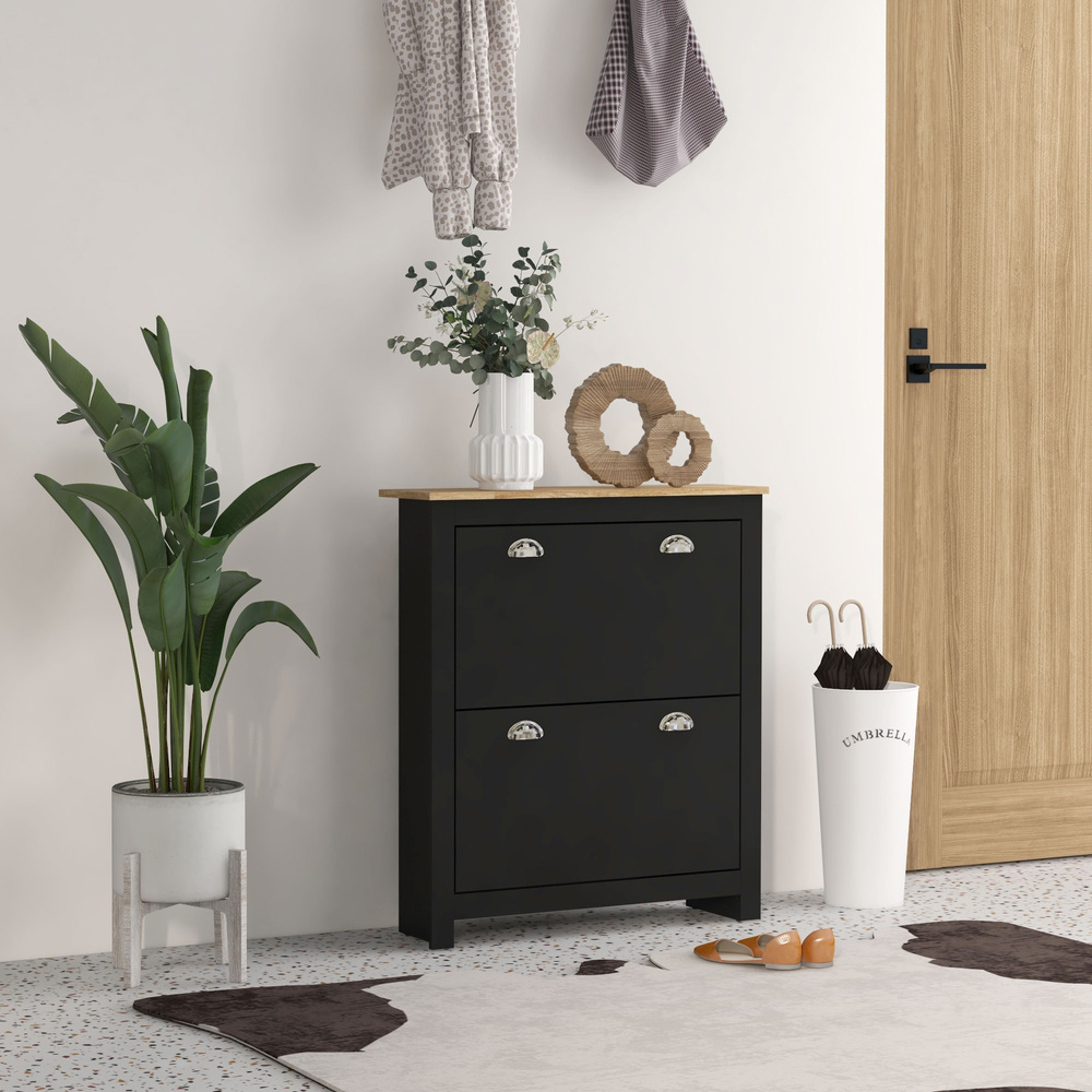 HOMCOM 2 Drawer Shoe Cabinet Modern Narrow Shoe Cupboard Hallway Wooden Storage Organiser with Flip Doors Adjustable Shelf for 6-12 Pairs, Black