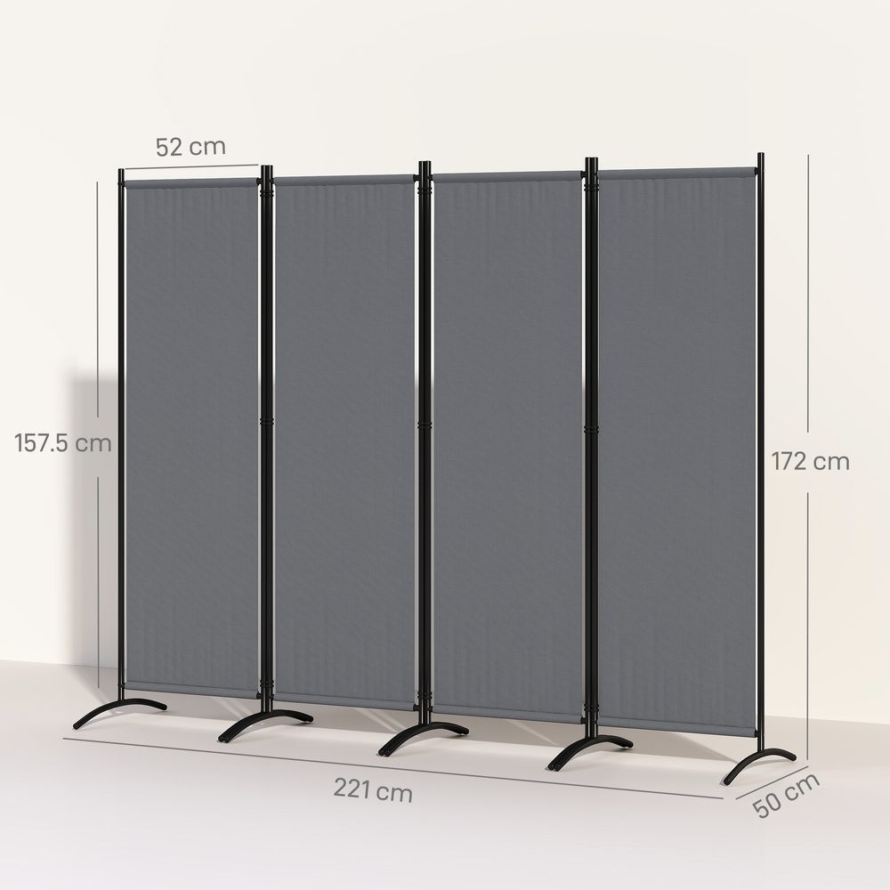 Outsunny 4 Panel Folding Room Divider, 1.7m Privacy Screen with Wide Feet, Portable Freestanding Metal Partition Separator for Office, Living Room, Bedroom, Dining Room, Dark Grey