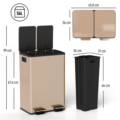 HOMCOM 56L Dual Compartment Stainless Steel Bin, with Deodoriser Holders - Gold Tone