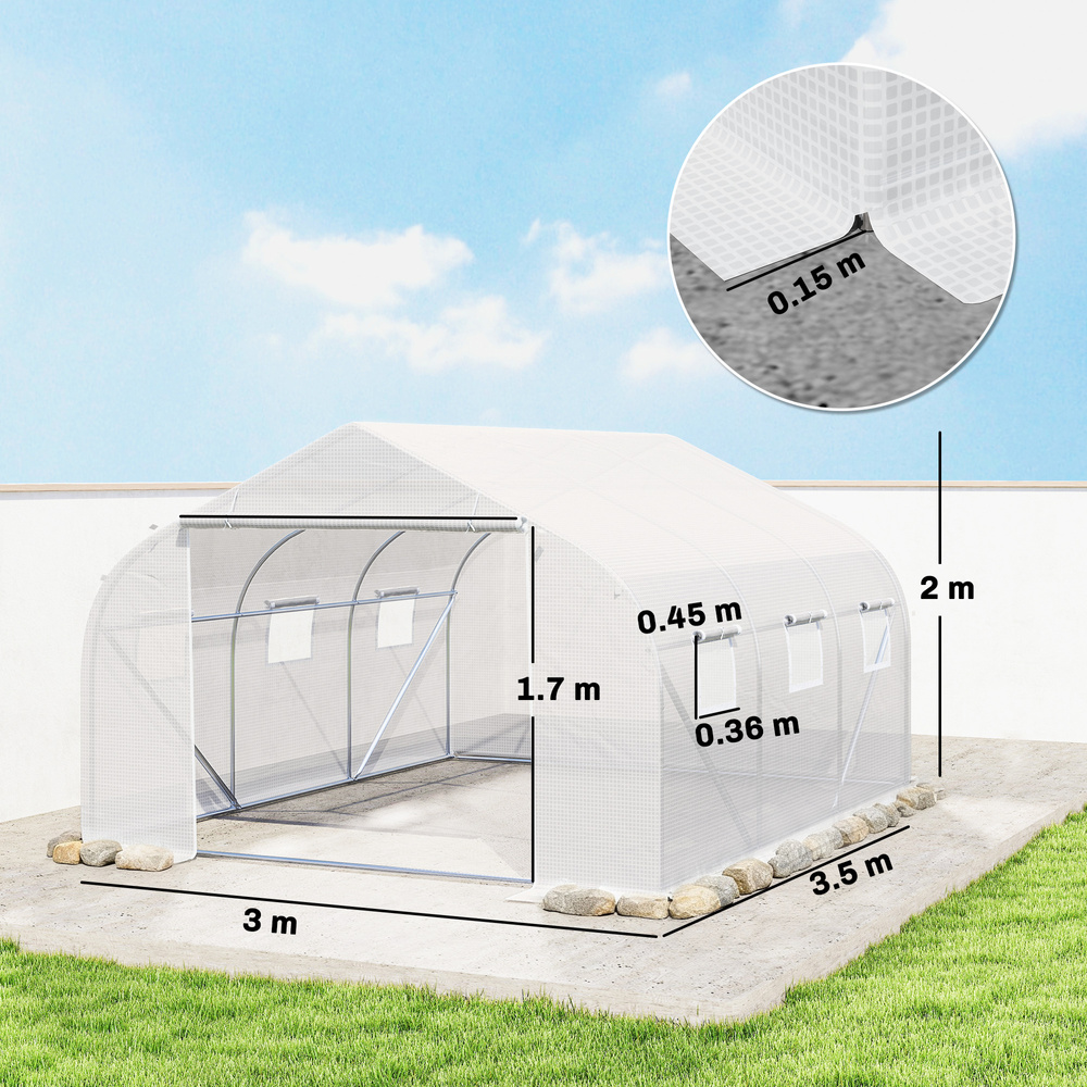 Outsunny 3.5 x 3 x 2m, Walk-In Polytunnel Greenhouse Warm House Garden Tunnel Shelter Plant Shed, White