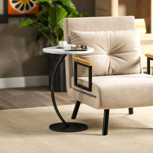 HOMCOM C Shaped Side Table, Round Bedside Table with Marble Effect Top, Modern Coffee Table Sofa End Table with Metal Frame for Living Room Bedroom Office, White