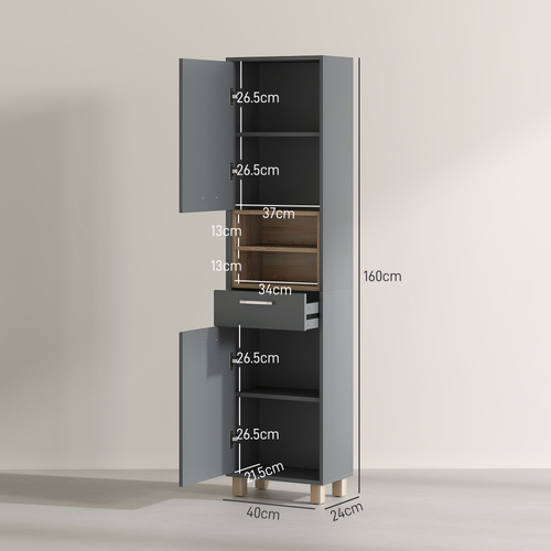 HOMCOM Tall Bathroom Storage Cabinet with MDF Triamine Board and Waterproof Sticker - Matte Grey