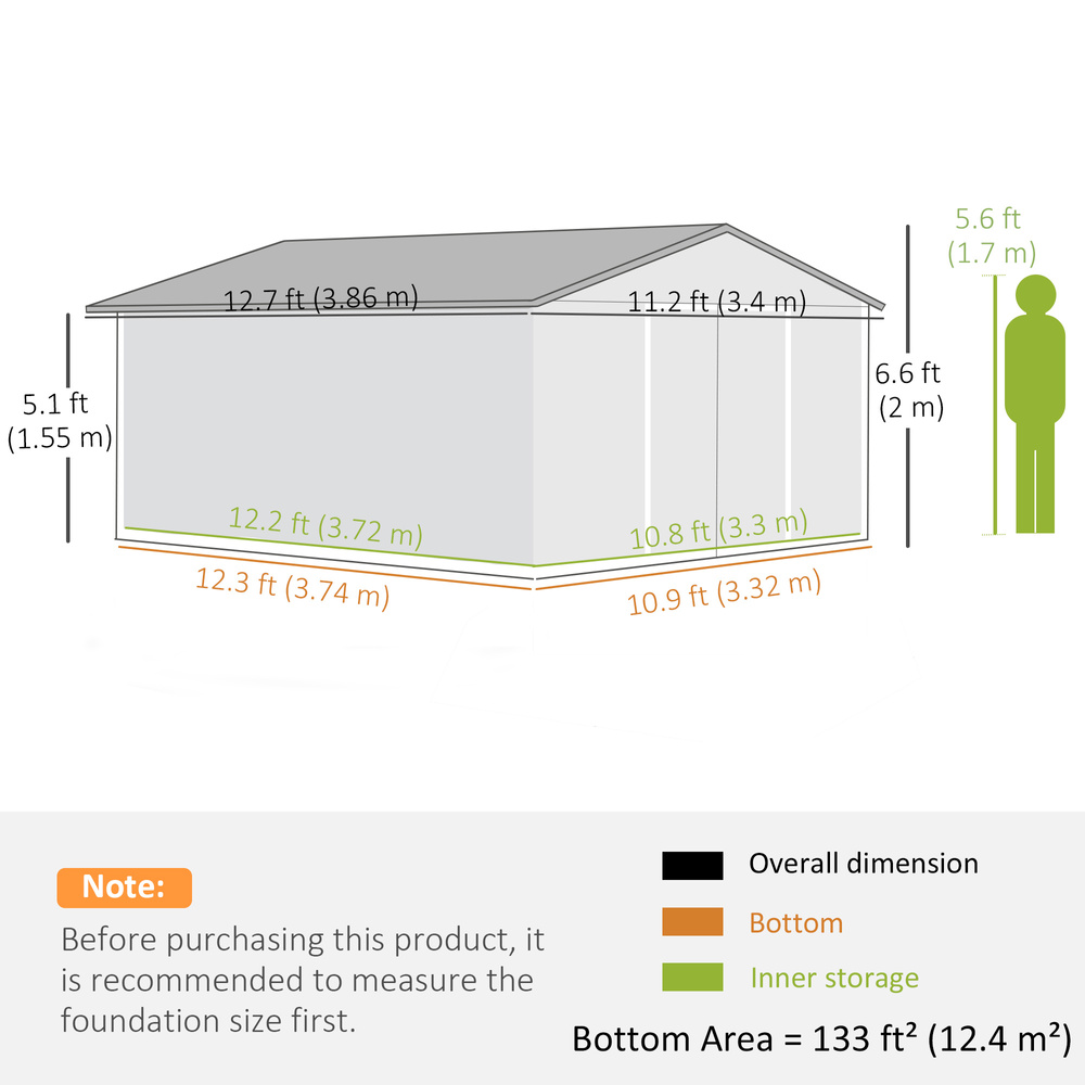 Outsunny 13 x 11ft Large Garden Shed, Mental Garden Storage Shed with Foundation Kit Ventilation & Doors, Light Grey