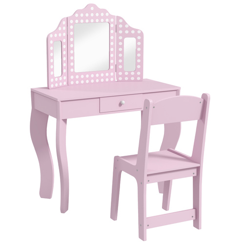 AIYAPLAY Kids Dressing Table Sets with Stool and Tri-Fold Mirror, Drawer for Playroom, Bedroom - Pink