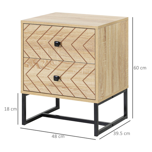 HOMCOM Bedside Table Nightstand Two-Drawer Bedroom Storage Unit Zig Zag Design with Black Metal Handles, Natural