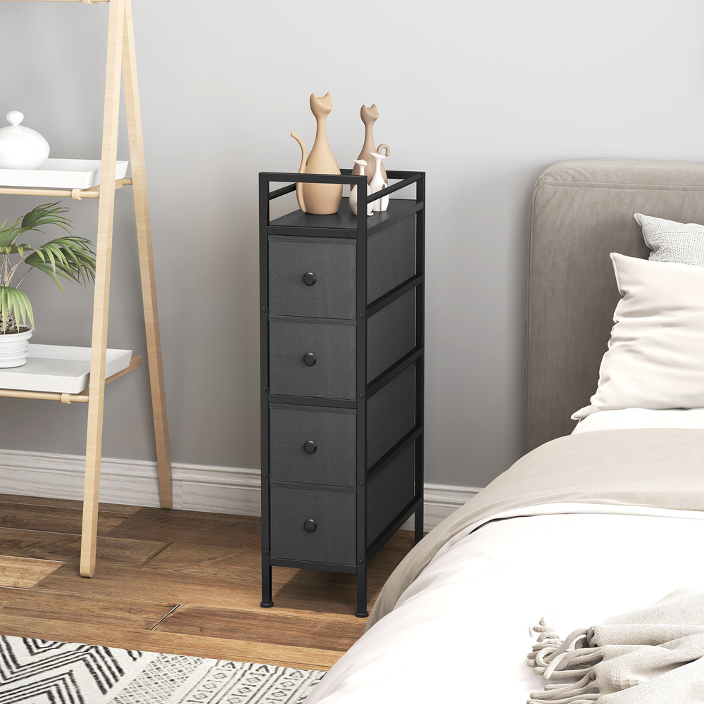 HOMCOM 4 Drawer Fabric Dresser Chest of Drawers, Slim Storage Cabinet with Steel Frame for Small Spaces, Bedroom, Black