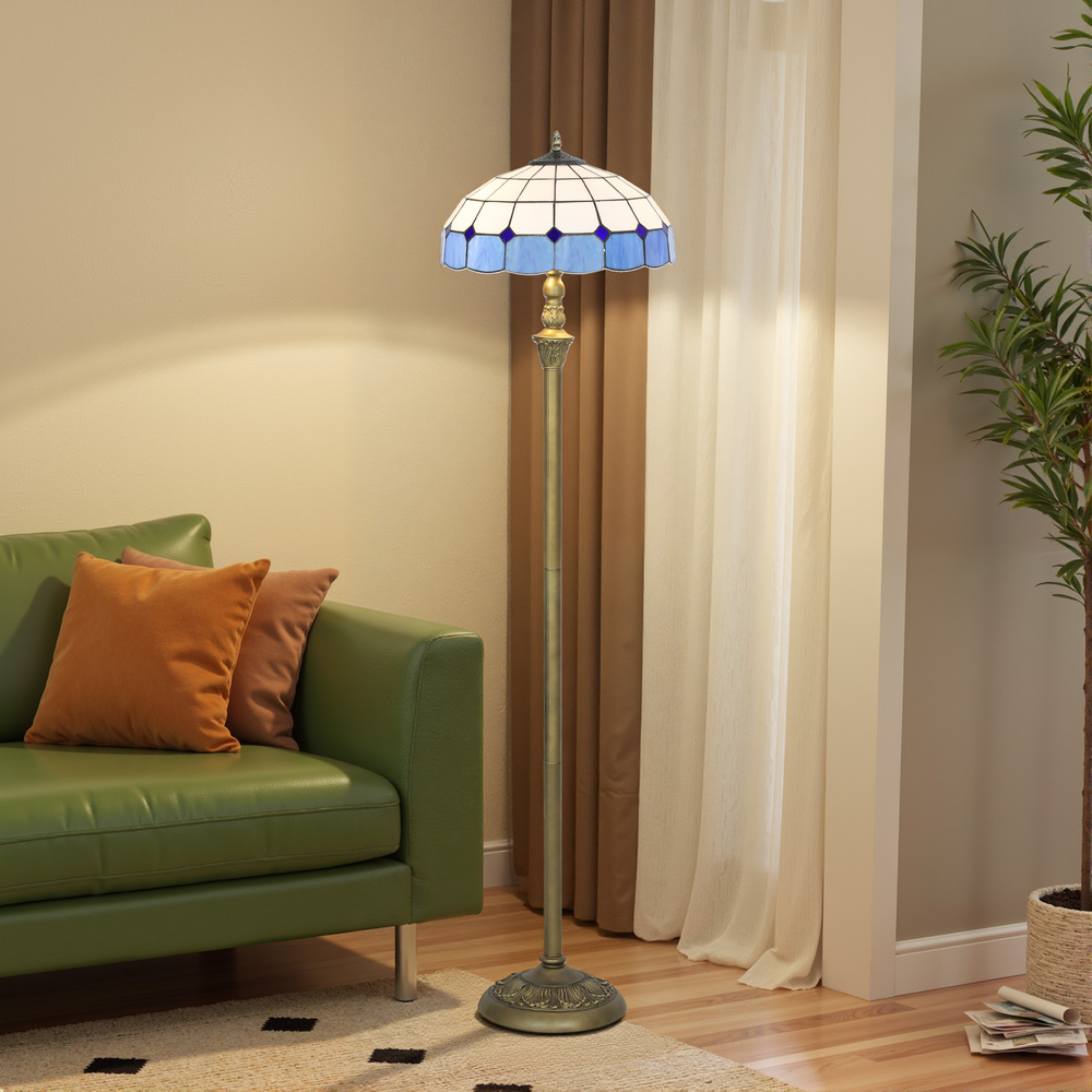 HOMCOM Tiffany-Style Floor Lamp with Handcrafted Stained Glass Shade, 152cm Tall Vintage Standing Lamp with Foot Switch and Dual Sockets, Bronze Tone and Blue