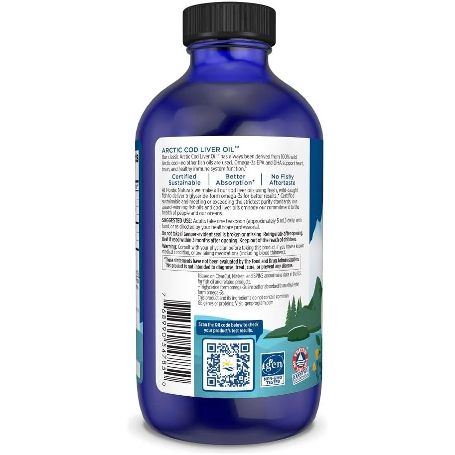 Nordic Naturals Arctic Cod Liver Oil 1060mg Wspomaga Układ Odpornościowy Pracę Mózgu i Serca Smak Pomarańczowy 237ml
