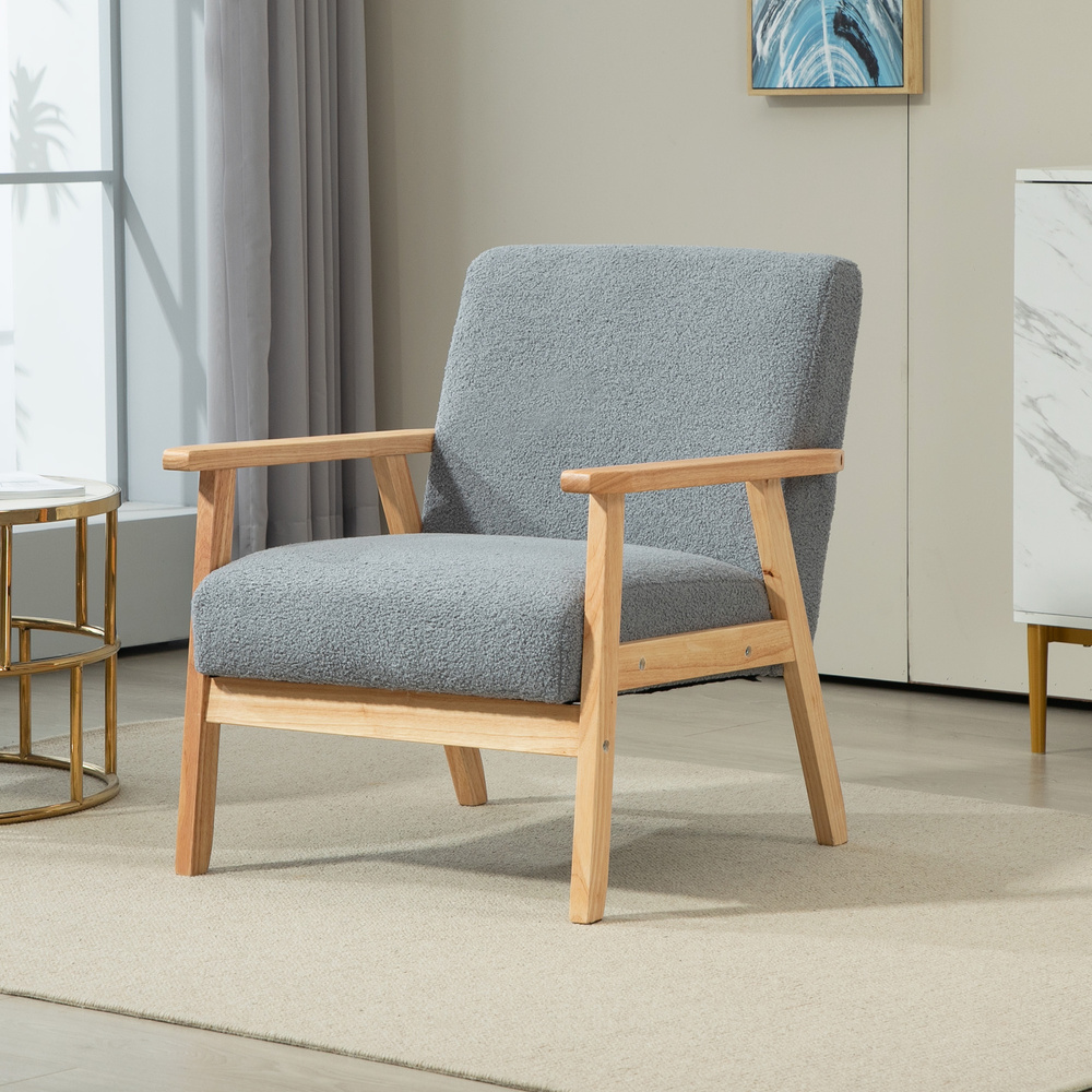 HOMCOM Modern Armchair, Cashmere Upholstered Sofa with Solid Wood Legs and Wide Seat, Accent Chair for Living Room Bedroom Office, Grey