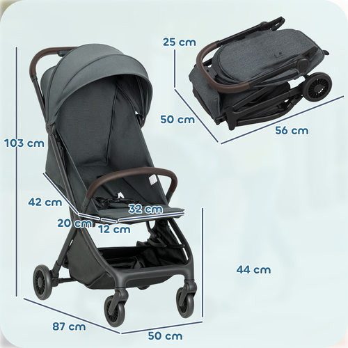 AIYAPLAY Foldable Baby Stroller with Adjustable Seat, 5-Point Harness, Canopy, Basket, 6.3kg Lightweight & Compact, Dark Grey