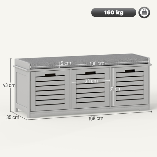 HOMCOM 3-Drawer Shoe Storage Bench - Grey