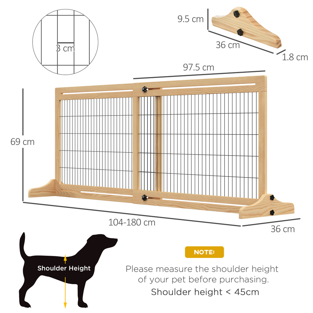 PawHut Freestanding Dog Gate, Foldable Pet Fence, Indoor Wood Barrier, Stair Gate with Support Feet, for Doorway, Hallway, Small and Medium Dogs, 69H x 104-180 cm, Natural Wood Finish