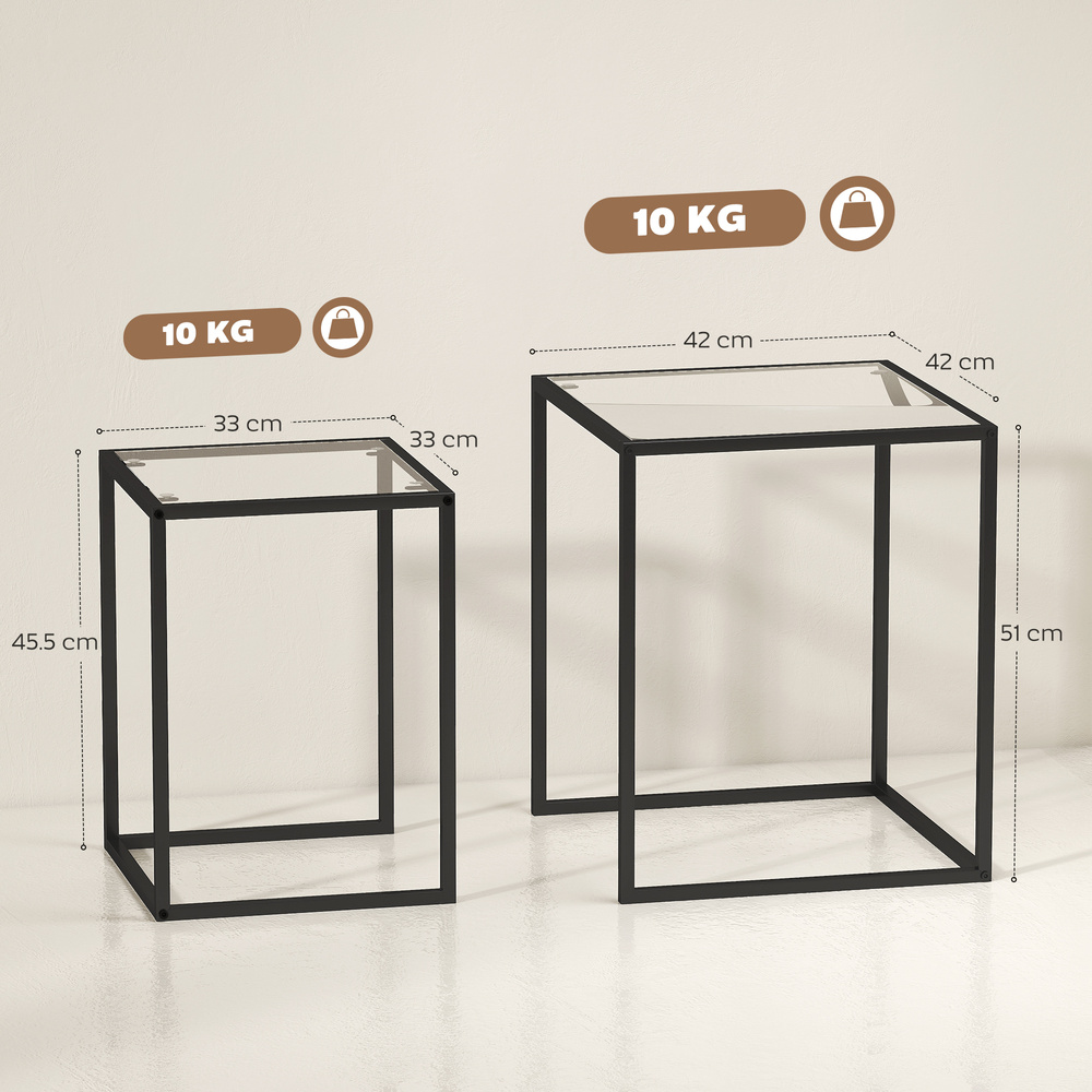 HOMCOM Nesting Tables Set of 2, Side End Table with Tempered Glass Top and Steel Frame for Living Room, Bedroom, Black