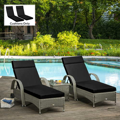 Outsunny Set of 2 Sun Lounger Cushions, Replacement Cushions for Rattan Furniture with Ties, 196 x 55 cm, Cushion ONLY, Black