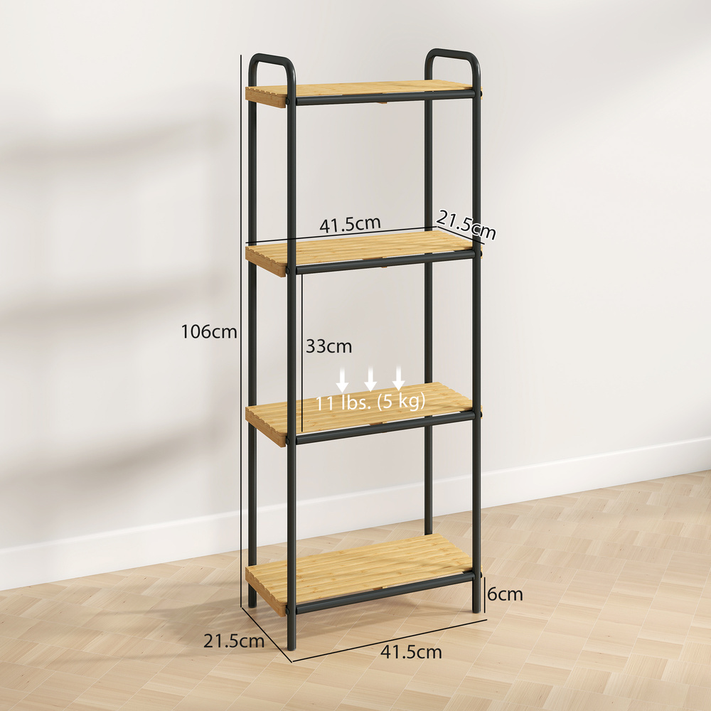 HOMCOM 4-Tier Bamboo Bathroom Storage Shelf, Freestanding Narrow Shelving Unit with Slatted Shelves for Kitchen Bathroom Living Room, 41.5 x 21.5 x 106 cm, Natural and Black