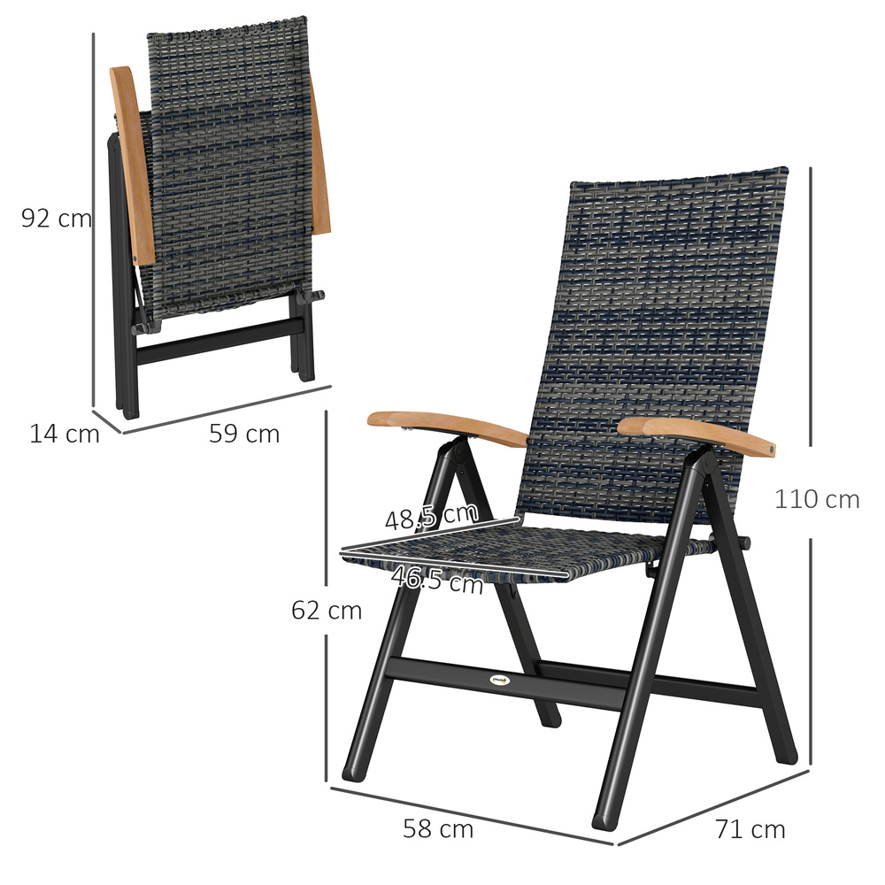 Outsunny Folding Rattan Garden Dining Chair with 5-level Reclining High Back, Wood Armrests for Outdoor, Patio - Mixed-grey