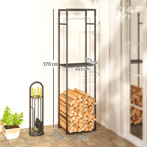 Outsunny Metal Firewood Log Holder, Heavy Duty Firewood Rack with Adjustable Shelf, Indoor Outdoor Fireplace Wood Storage Shelf, 45 x 31 x 170 cm, Black