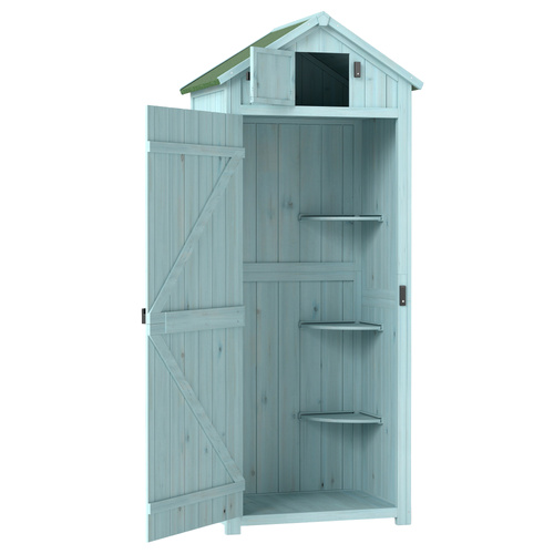 Outsunny Garden Shed Vertical Utility 3 Shelves Shed Wood Outdoor Garden Tool Storage Unit Storage Cabinet, 77 x 54.2 x 179cm - Blue
