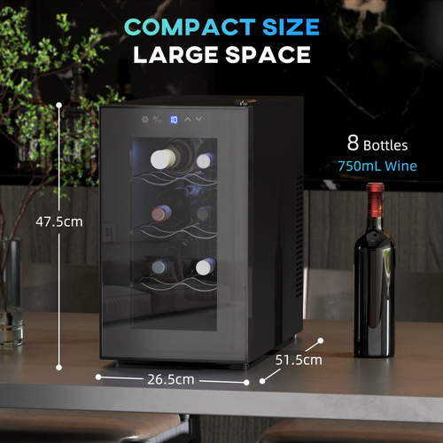 HOMCOM Mini Table Top Wine Fridge, 8 Bottle, 17L, 8-18℃, 26.5cm Quiet Under Counter Wine Cooler Fridge with Glass Door, LED Light, Digital Touch Screen, Temperature Control