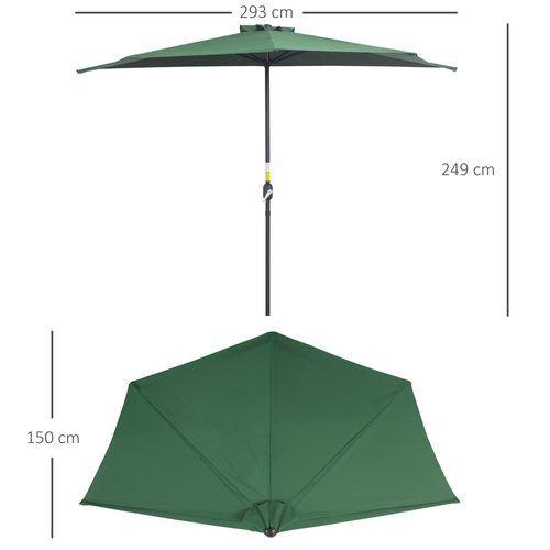 Outsunny 3(m) Half Parasol, Semi Round Umbrella with Metal Frame, Crank Handle for Balcony, Garden, Green