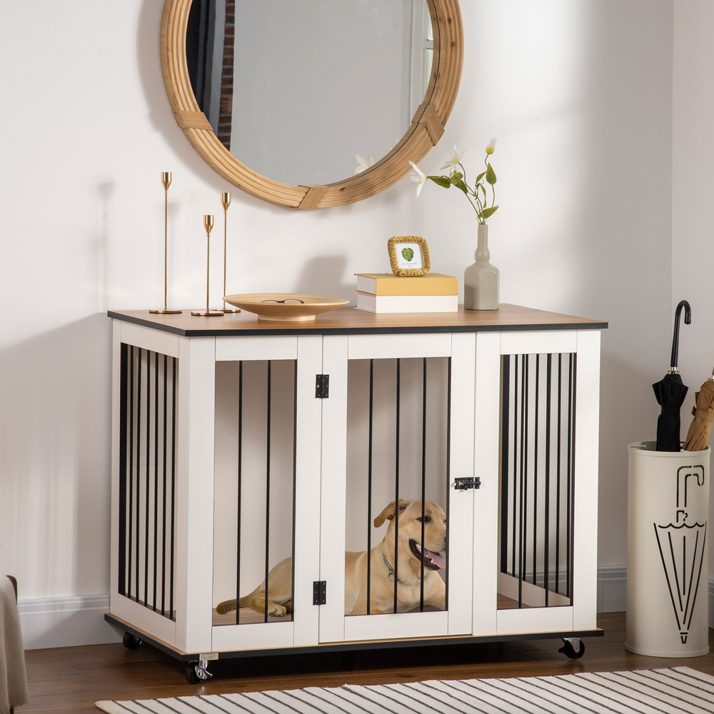 PawHut Dog Crate Furniture, Dog Cage End Table, with Wheels, for Large Dogs, 106 x 60 x 82 cm - White