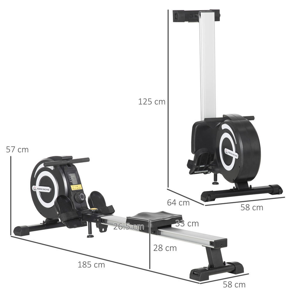HOMCOM Folding Rowing Machine, Magnetic Rower Machine with 8 Levels Quiet Resistance, LCD Monitor, Wheels, Aluminium Slide Rail, Vertical Storage, 102kg Weight Capacity for Home Gym Cardio Training