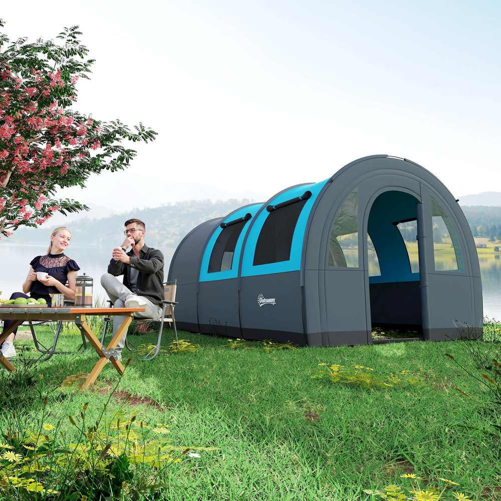 Outsunny Six Man Duo Room Tunnel Tent, with Accessories - Grey/Blue