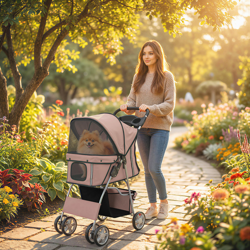 PawHut Dog Pram, Pet Stroller with Reflective Strips, Foldable Cat Stroller with 360° Swivel Wheels, Brown