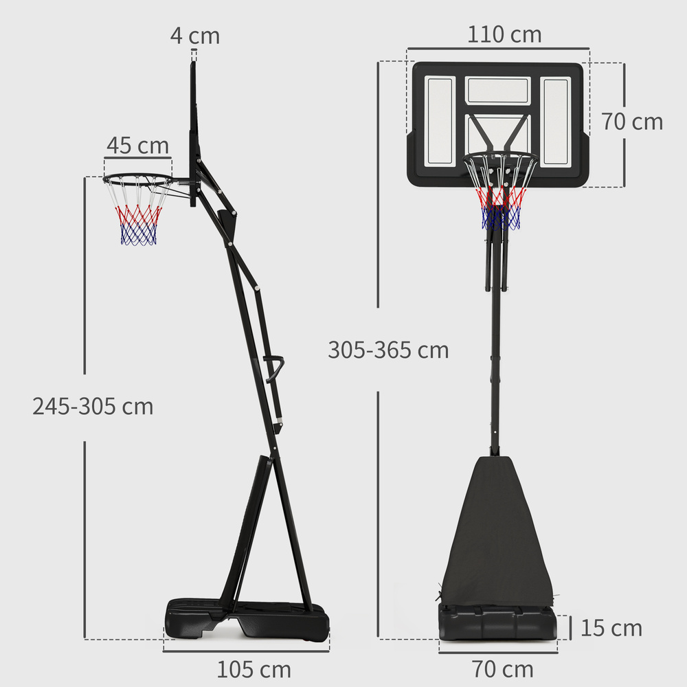 SPORTNOW 245-305cm Adjustable Basketball Hoop and Stand, with Wheels, Black