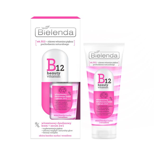 Bielenda B12 Beauty Vitamin Witaminowy 2-Fazowy Krem - Serum 2w1 dla Skóry Bardzo Suchej i Wrażliwej na Dzień i Noc 45g