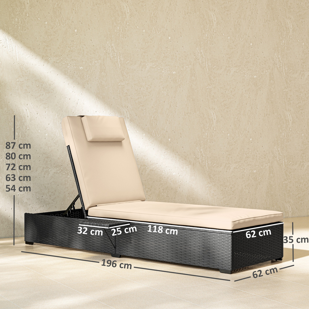 Outsunny Rattan Sun Lounger with 5-Level Reclining Back Side Tray and Cushion, Black