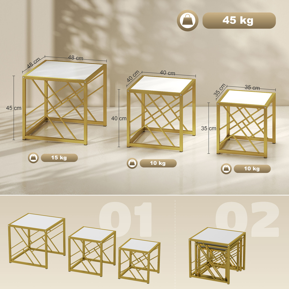 HOMCOM Nesting Coffee Tables, Set of 3 Square Side Tables with Black Metal Frame, for Living Room, Bedroom and Office, White