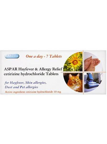 Aspar Citrizine Hydrochloride 10mg for Hayfever Skin Allergies and Allergy Relief 7 Tablets