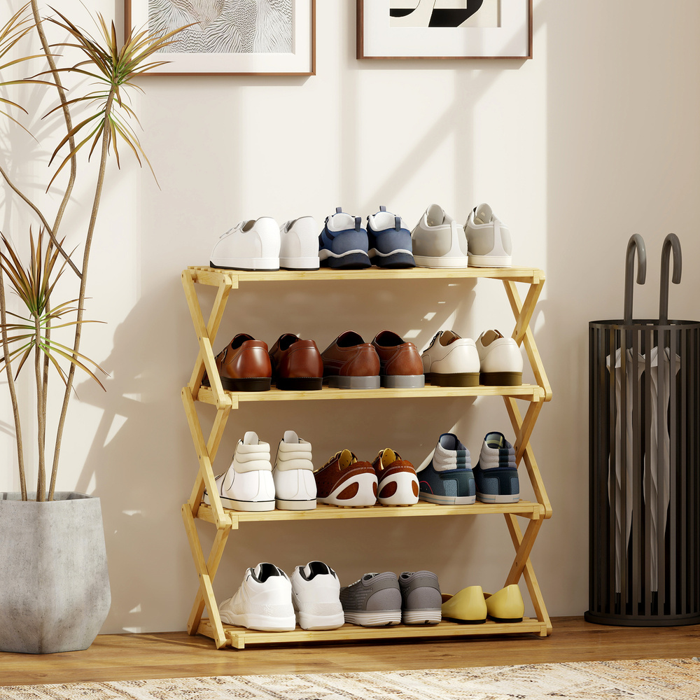 HOMCOM Four-Tier Folding Bamboo Shoe Rack - Natural Finish