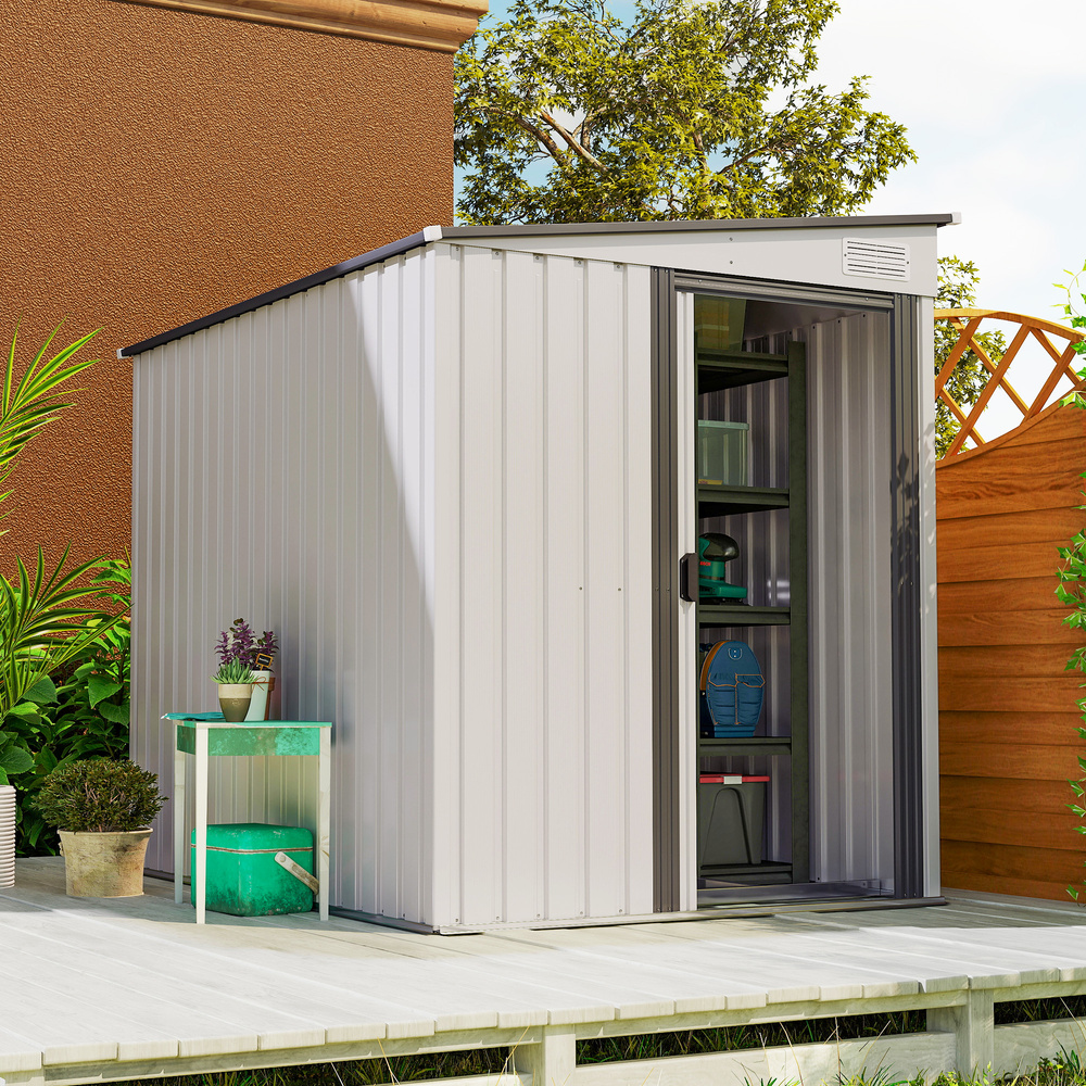 Outsunny 7 x 5ft Galvanised Metal Shed, with Sliding Door, two hooks and adjustable shelves - White